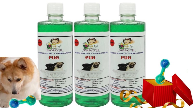 swacch Pug Dog Shampoo + Dumbbell Toy I Durable Rubber Dog Toy for Chewing I Playing,Teeth Cleaning & Training Toy I Combo Pack I 500ml Pack of 3 Neem Alovera - Image 1