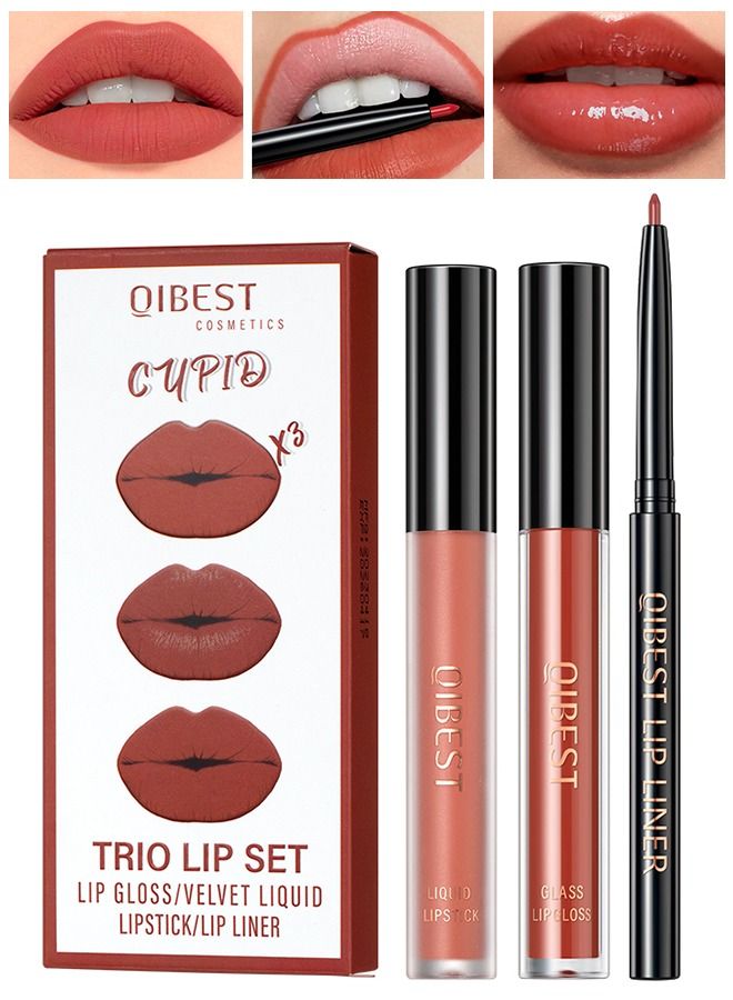 QiBest Beauty Lip Trio Bundle Set Lip Liner Liquid Lipstick Lip Gloss Waterproof Long Lasting  - Image 1
