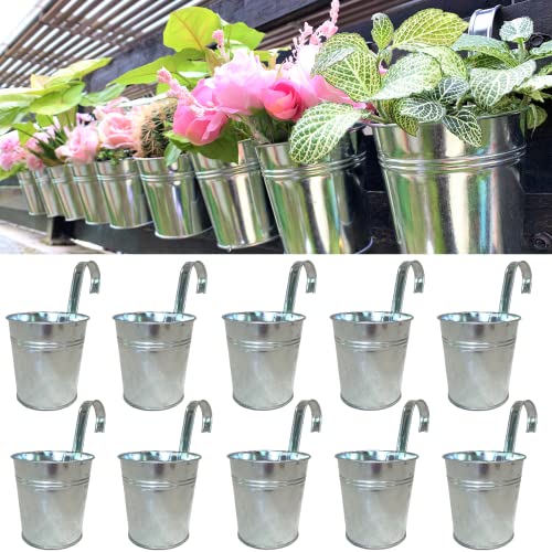 LáLáGreen LaLaGreen Fence Planters for Outdoor Plants (10 Pack, 6 Inch) Railing Planter Metal Herb Garden Pots Outdoor, Hanging Silver Flower Buckets for Outside Wall Deck Patio Balcony Rail Farmhouse Rustic - Image 1