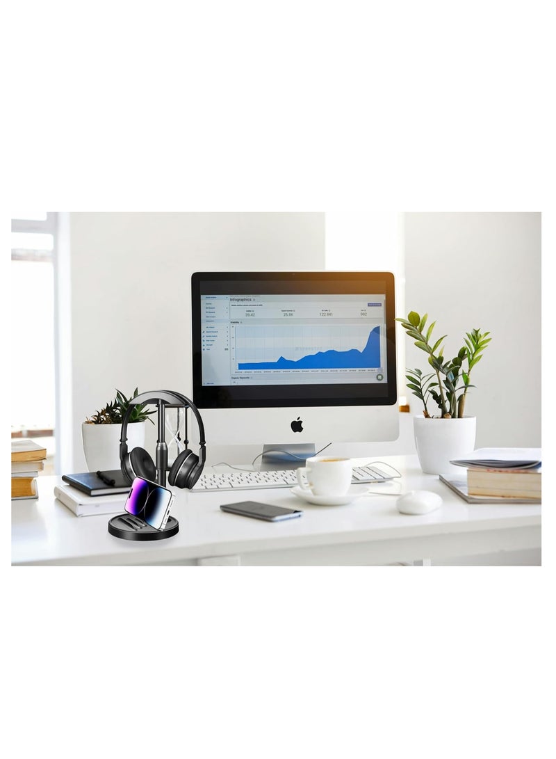 KASTWAVE 1 PACK 2 in 1 Headphone Stand for Desk, Gaming Headset Stand, PC Gaming Headset Holder, Earphone Stand with Smartphone stand, Headrest ABS Solid Base for All Headphones with Aluminum Supporting Bar - Image 2
