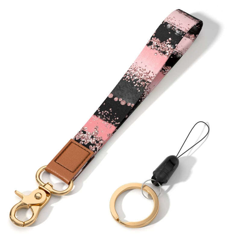 Hsxnam Wrist Lanyard Key Chain, Cute Wristlet Strap Keychain Holder for Women Keys Car Airpods ID Badges Phone, Black Pink - Image 1