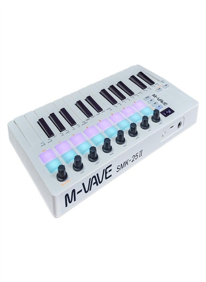 M-Wave M-WAVE 25-Key USB MIDI Keyboard Controller with 16 Backlit Drum Pads, Bluetooth Semi-Weighted Professional Dynamic Keybed 8 Knobs and Music Production (16 Drums White)  - Image 1