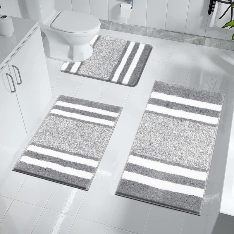 Pauwer Bath Mat Set 3 Pieces Bathroom Mat and UShape Toilet Mat Set Microfiber High Density Soft Water Absorbent Bath Rug Non slip Shower Rugs for Bathroom