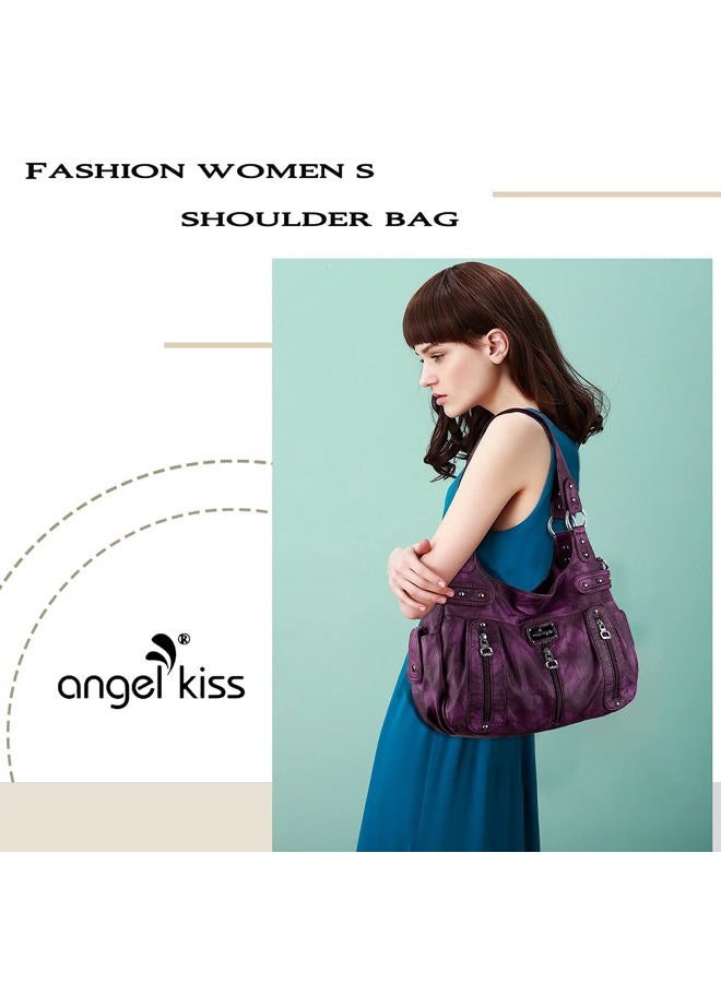 Angel Kiss Large Purses and Handbags for Women Washed Faux Leather Crossbody Hobo Satchel Shoulder Handbag Tote Purse, G-purple, X-Large - Image 2
