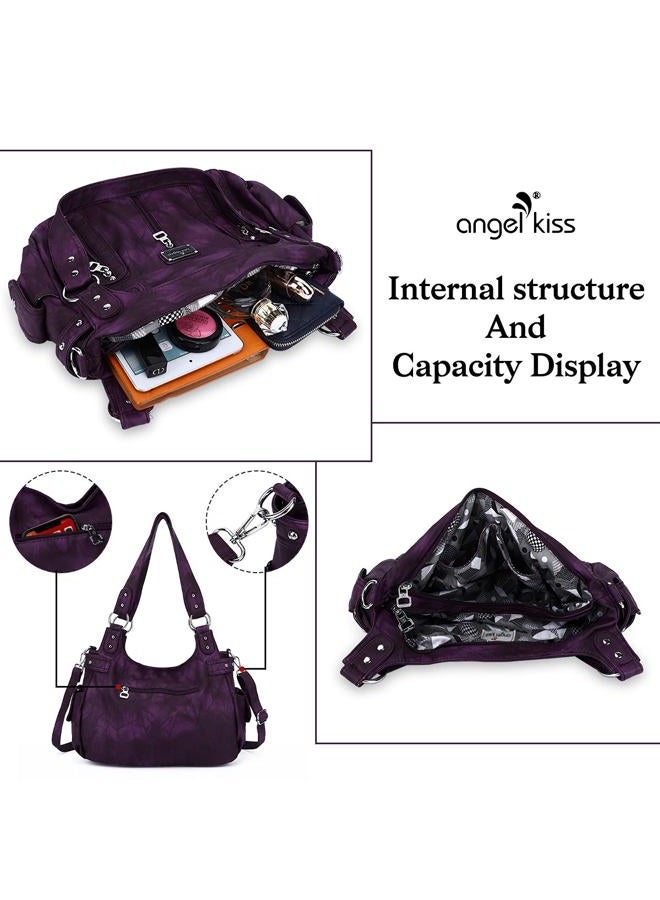 Angel Kiss Large Purses and Handbags for Women Washed Faux Leather Crossbody Hobo Satchel Shoulder Handbag Tote Purse, G-purple, X-Large - Image 4