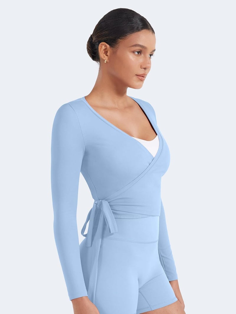 YEOREO Women Pilates Wrap Top Long Sleeve Tie Ballet Workout Yoga Shirt Michelie Y2K V Neck Cropped Tops - Image 5
