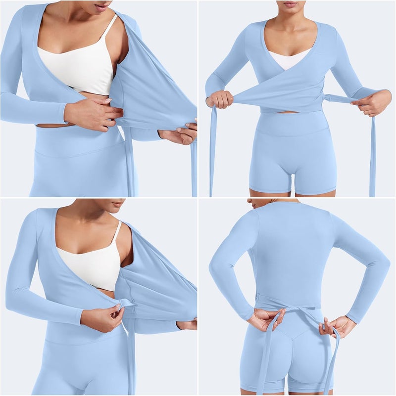 YEOREO Women Pilates Wrap Top Long Sleeve Tie Ballet Workout Yoga Shirt Michelie Y2K V Neck Cropped Tops - Image 2