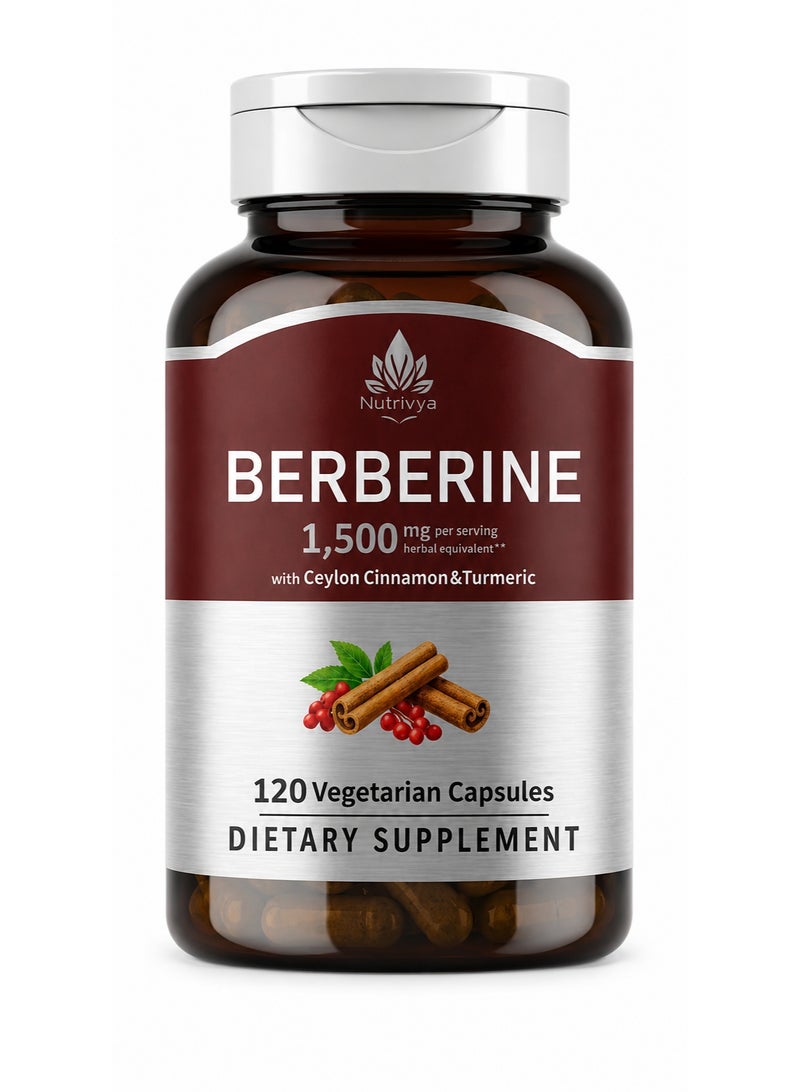 Nutrivya Berberine 1,500mg with Ceylon Cinnamon & Turmeric | 120 Vegetarian Capsules | Non-GMO | Gluten Free - Image 1