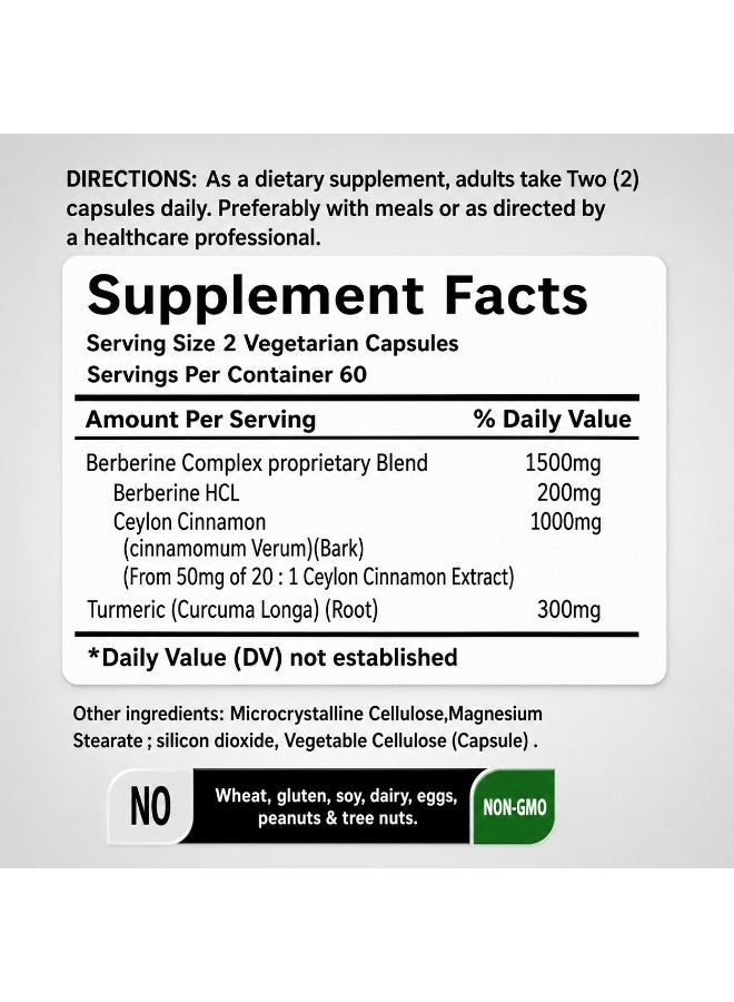 Nutrivya Berberine 1,500mg with Ceylon Cinnamon & Turmeric | 120 Vegetarian Capsules | Non-GMO | Gluten Free - Image 2