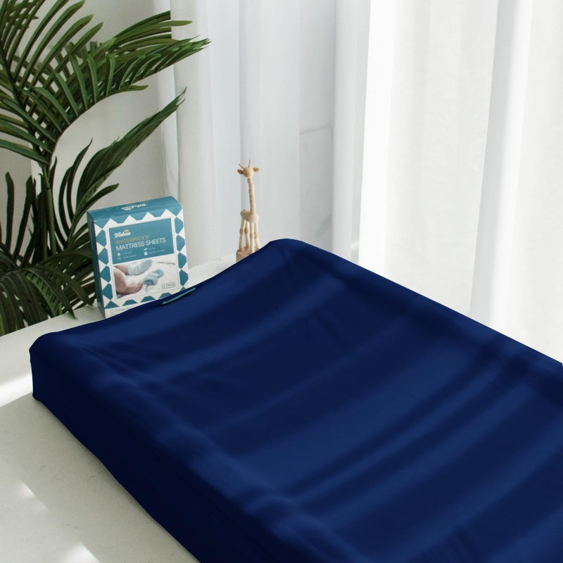 Biloban Changing Pad Cover Waterproof, 2 Pack Diaper Change Table Sheets for Baby Boys Girls, Fitted Cradle Sheets for 32"x16" Contoured Pad, Breathable & Ultra Soft, Navy - Image 4