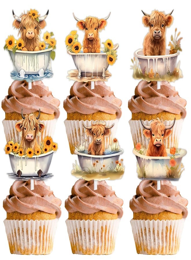 LETLIMIT 18pcs Brown Glitter Highland Cow Dessert Cupcake Topper Pick for Country Western Bull Riding Bull Rider Competition Theme Decor Supplies Baby Shower Boys Girls Birthday Party Decorations - Image 1