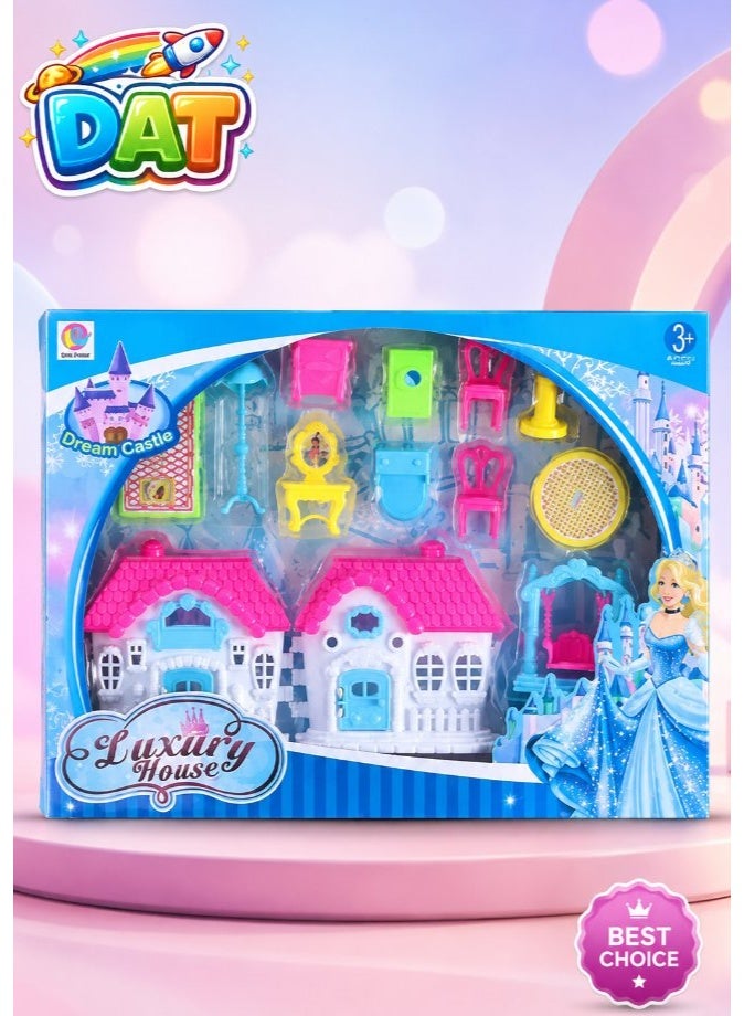 DAT Dream Castle Luxury House Play Set with Miniature Furniture & Accessories, Princess Dollhouse Toy, Pink & Blue - Image 1