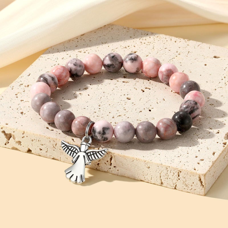 MIXJOY Guardian Angel Little Hug From Heaven Pink Natural Stone Bracelet for Loss of Mother Father, Bereavement Grief Gift for Women, Memorial Guardian Protection, Medium - Image 2