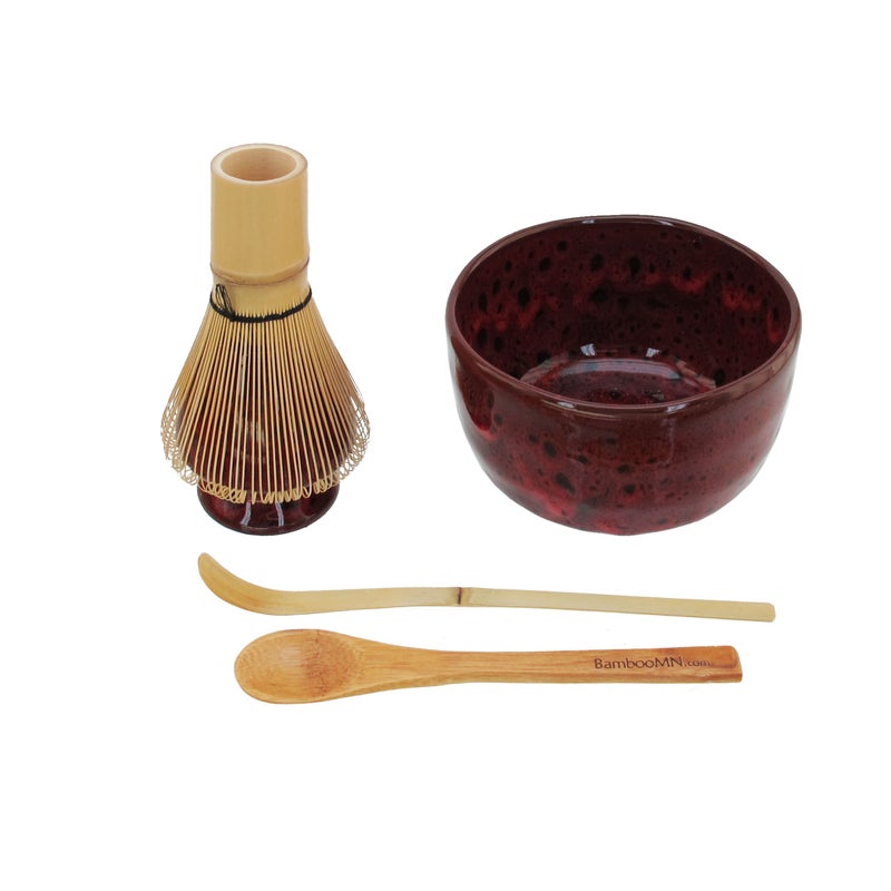 BambooMN Matcha Bowl Set Includes Bowl Rest Tea Whisk Chasaku  Tea Spoon 1 Set Deep Red wBlack