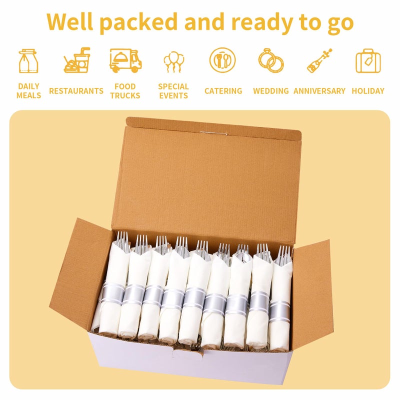 N9R 75 Pack Pre Rolled Silver Plastic Cutlery Set  75 Pieces (75 Forks  75 Knives  75 Spoons  75 Napkins)  Disposable Silverware Set for Party  Wedding  Modern Style - Image 3