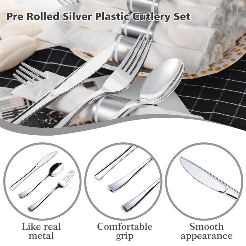 N9R 75 Pack Pre Rolled Silver Plastic Cutlery Set  75 Pieces (75 Forks  75 Knives  75 Spoons  75 Napkins)  Disposable Silverware Set for Party  Wedding  Modern Style - Image 2