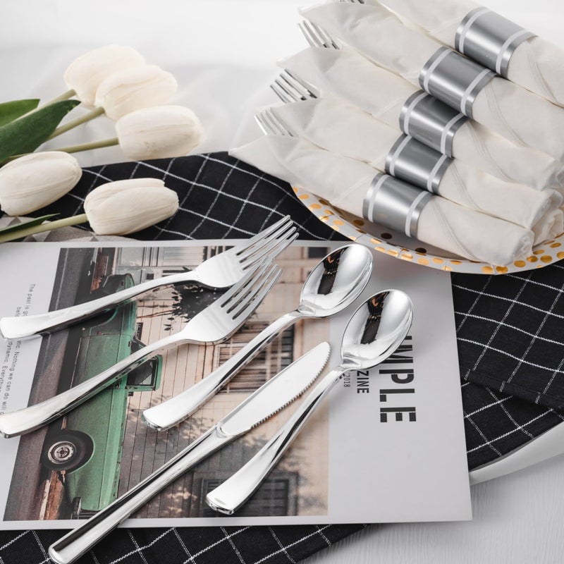 N9R 75 Pack Pre Rolled Silver Plastic Cutlery Set  75 Pieces (75 Forks  75 Knives  75 Spoons  75 Napkins)  Disposable Silverware Set for Party  Wedding  Modern Style - Image 4