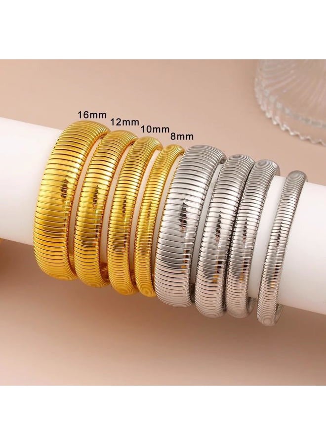 JUNYANGY Gold Bangles for Women Set of 3 Gold Chunky Stretch Bangles Bracelets 24K Gold Plated Stainless Steel Bracelets Flexible Wide Gold Stack Bracelets Designer Look Alike Gold Jewelry for Women - Image 4