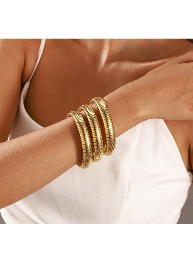JUNYANGY Gold Bangles for Women Set of 3 Gold Chunky Stretch Bangles Bracelets 24K Gold Plated Stainless Steel Bracelets Flexible Wide Gold Stack Bracelets Designer Look Alike Gold Jewelry for Women - Image 2