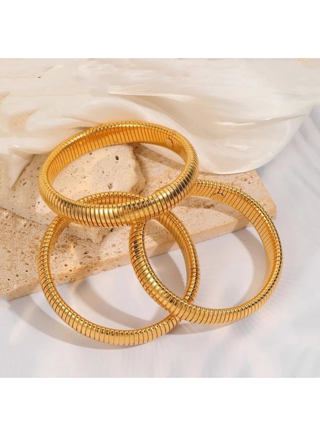 JUNYANGY Gold Bangles for Women Set of 3 Gold Chunky Stretch Bangles Bracelets 24K Gold Plated Stainless Steel Bracelets Flexible Wide Gold Stack Bracelets Designer Look Alike Gold Jewelry for Women - Image 5