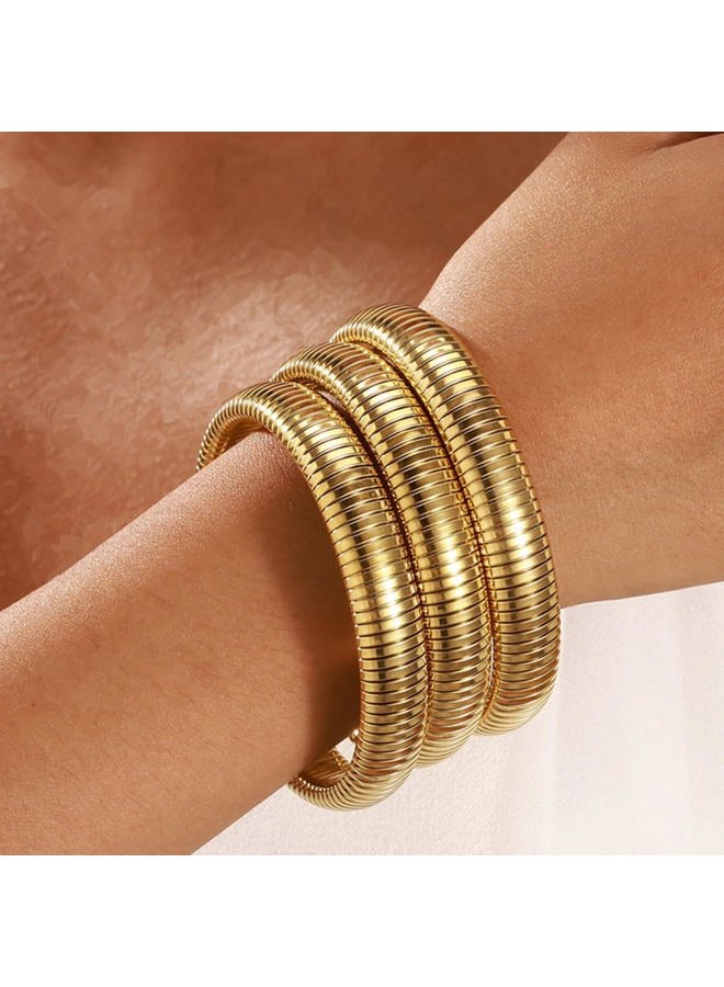 JUNYANGY Gold Bangles for Women Set of 3 Gold Chunky Stretch Bangles Bracelets 24K Gold Plated Stainless Steel Bracelets Flexible Wide Gold Stack Bracelets Designer Look Alike Gold Jewelry for Women - Image 3