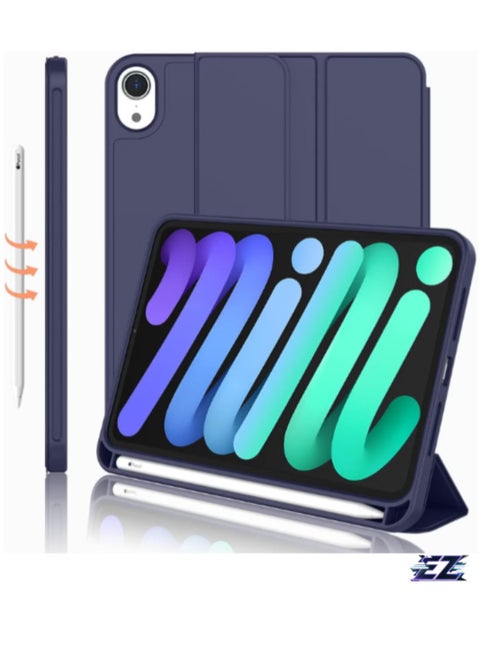 iPad Mini 7 Case 2024 – A17 Pro 8.3-Inch 7th Generation Case with Pencil Holder, Trifold Stand, and Soft TPU Back, Blue