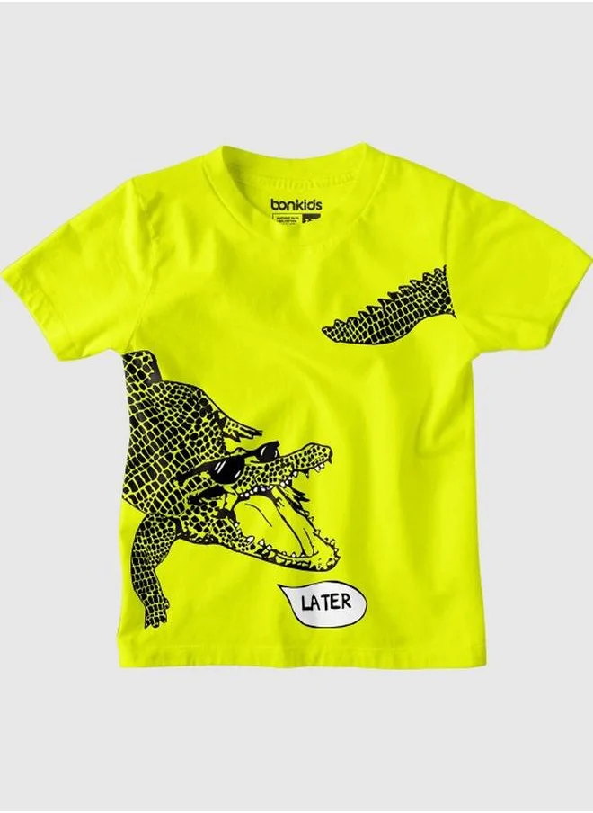 Bonkids Boy's t-shirts in regular fit fluorescent green colour cotton fabric embellished pattern pull over closure woven weave type round collar type round neckline half sleeve length t-shirt upper body wear type suitable for casual occasions – the fresh pick of the fashion season!