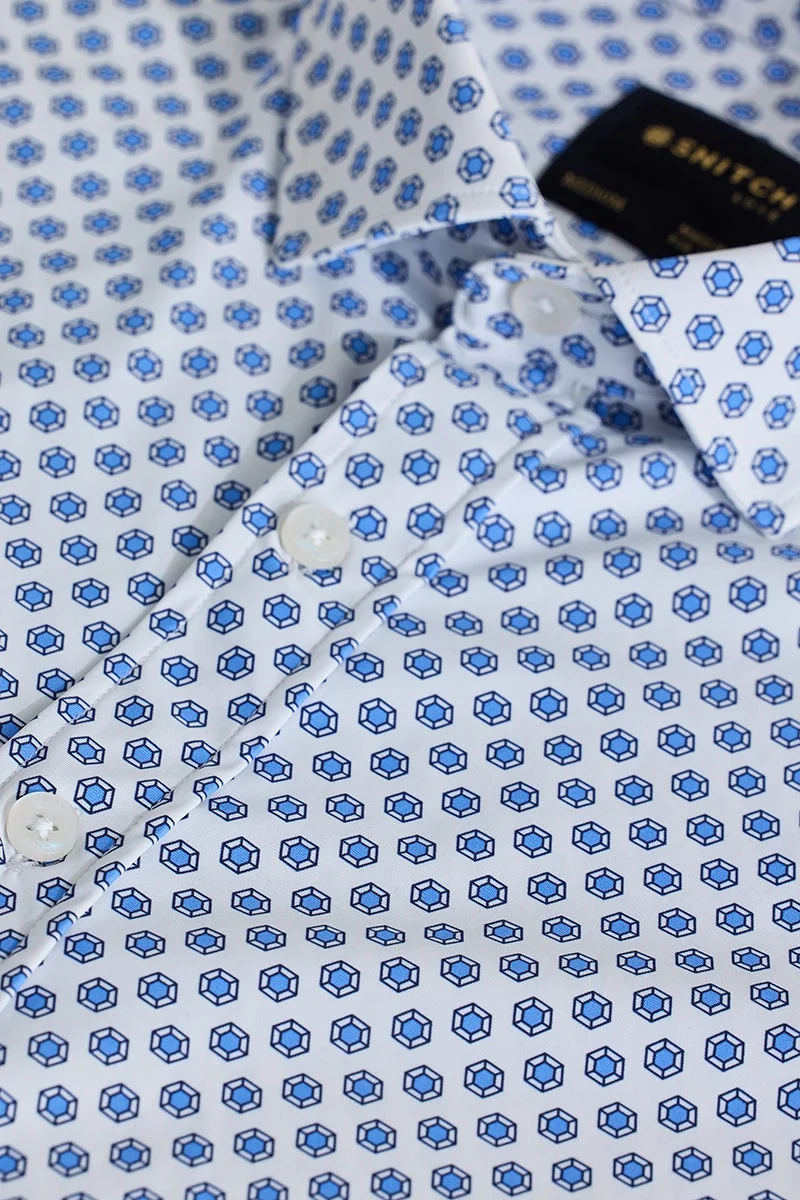 سنيتش White Geometric Long Sleeve Slim Fit Shirt