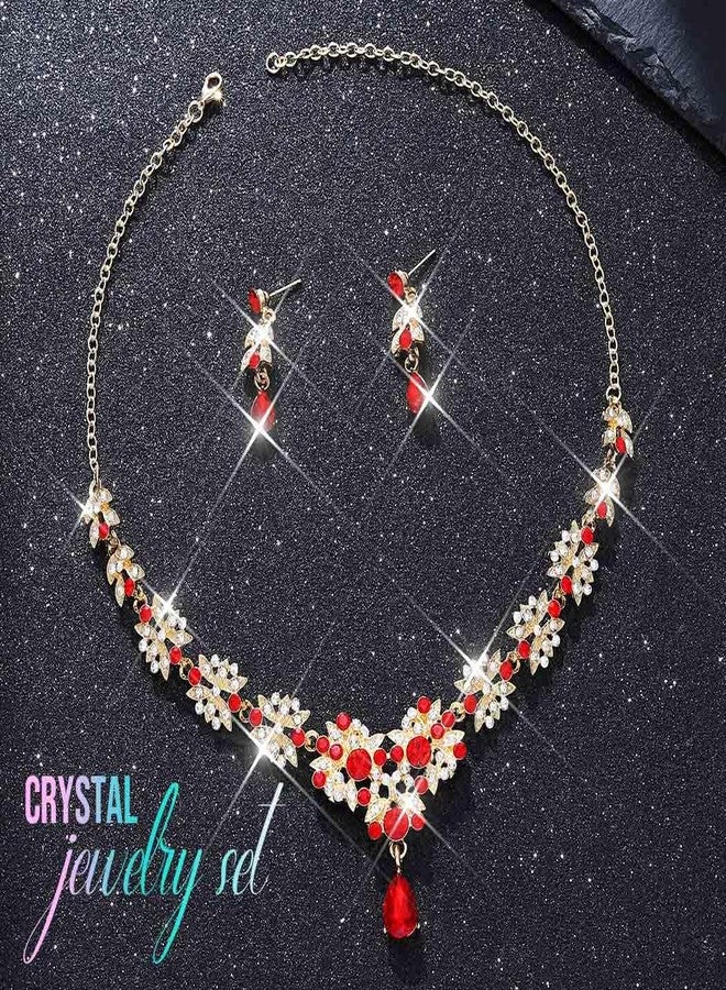 CLOACE Rhinestone Wedding Bridal Jewelry Set Silver Sparkly Earrings Prom Necklace Jewelry Accessories for Women (Red) - Image 2