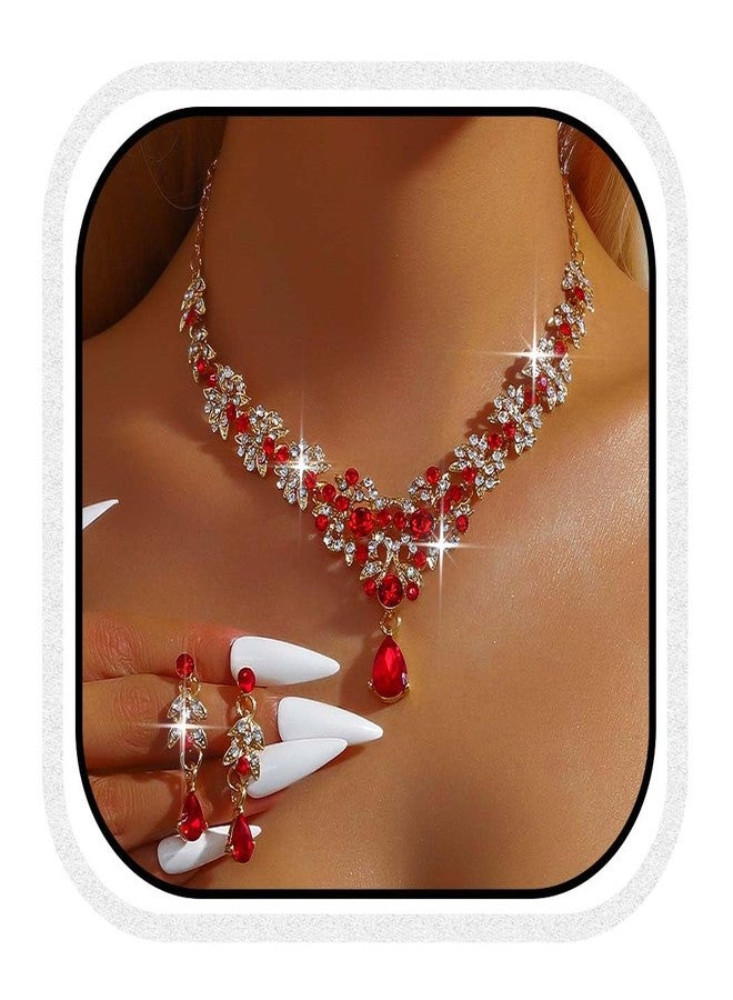 CLOACE Rhinestone Wedding Bridal Jewelry Set Silver Sparkly Earrings Prom Necklace Jewelry Accessories for Women (Red) - Image 1