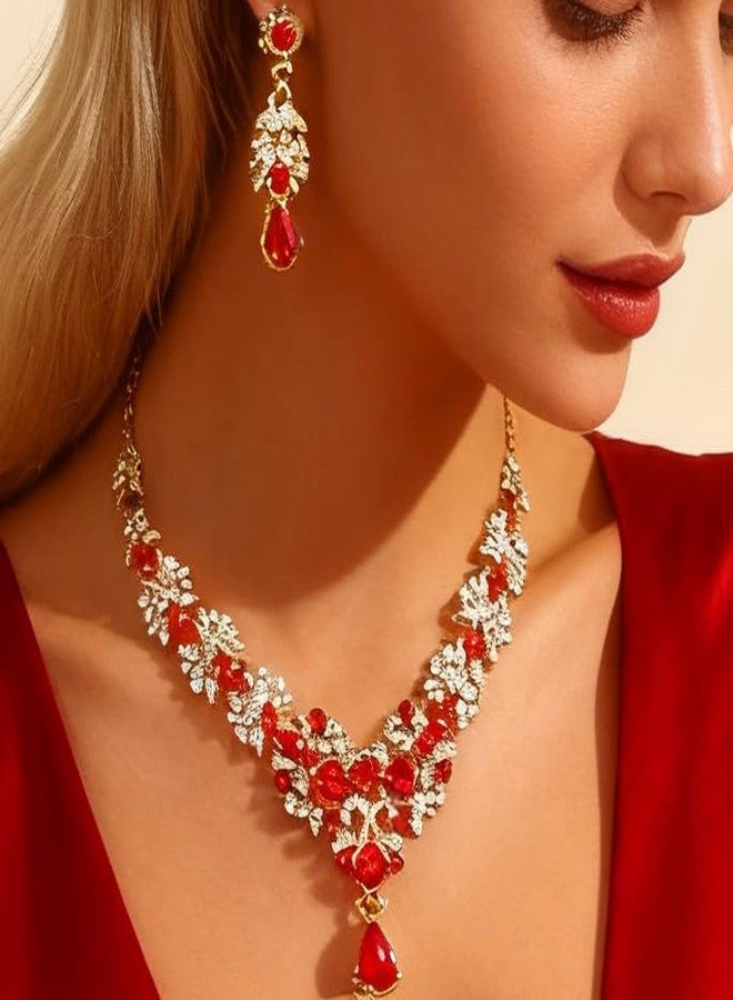CLOACE Rhinestone Wedding Bridal Jewelry Set Silver Sparkly Earrings Prom Necklace Jewelry Accessories for Women (Red) - Image 4