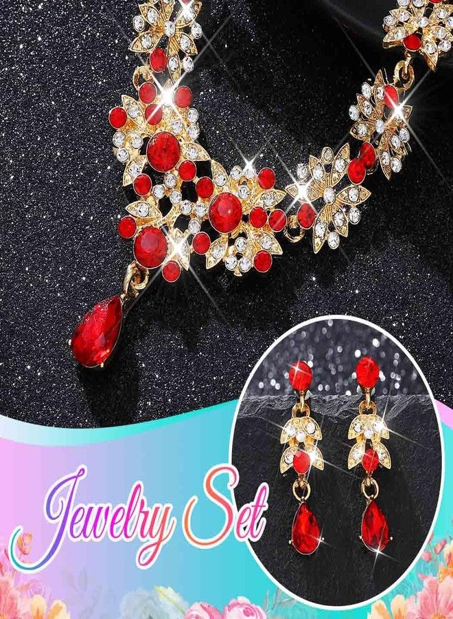 CLOACE Rhinestone Wedding Bridal Jewelry Set Silver Sparkly Earrings Prom Necklace Jewelry Accessories for Women (Red) - Image 5
