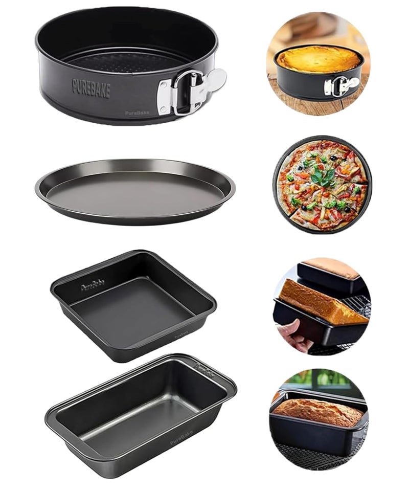 PureBake مجموعة قوالب كعك 4 قطع معتمدة من SGS - صينية كعك دائرية، صينية كعك مربعة، قالب خبز، وصينية بيتزا - مناسبة للميكروويف، فرن OTG، وآمنة في غسالة الصحون، سوداء - Image 1
