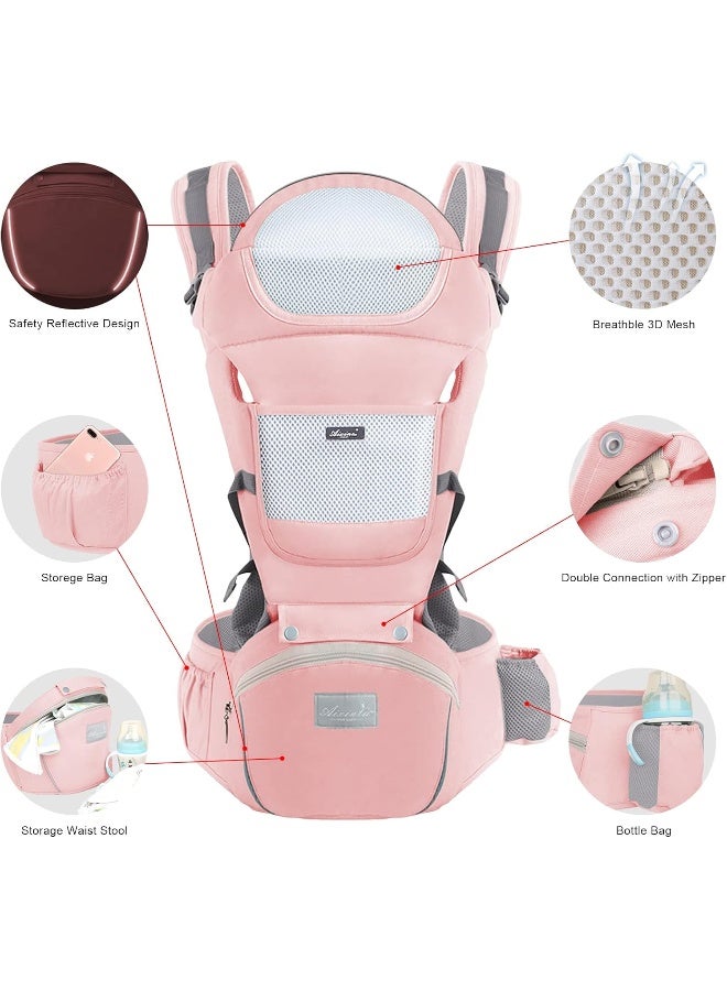 Ocanoiy Baby Carrier Newborn to Toddler Baby Wrap Carrier with Hip Seat Lumbar Support Adjustable One Size Fits All Toddler Infant Baby Holder Carrier 360 All Seasons (Pink) - Image 2