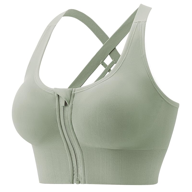 PLUMBURY Women's Polyamide Seamless Padded Full Coverage Front Zip Cross Back Sports Bra, Size XL, Green - Image 1