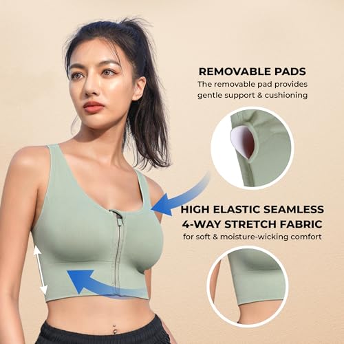 PLUMBURY Women's Polyamide Seamless Padded Full Coverage Front Zip Cross Back Sports Bra, Size XL, Green - Image 4