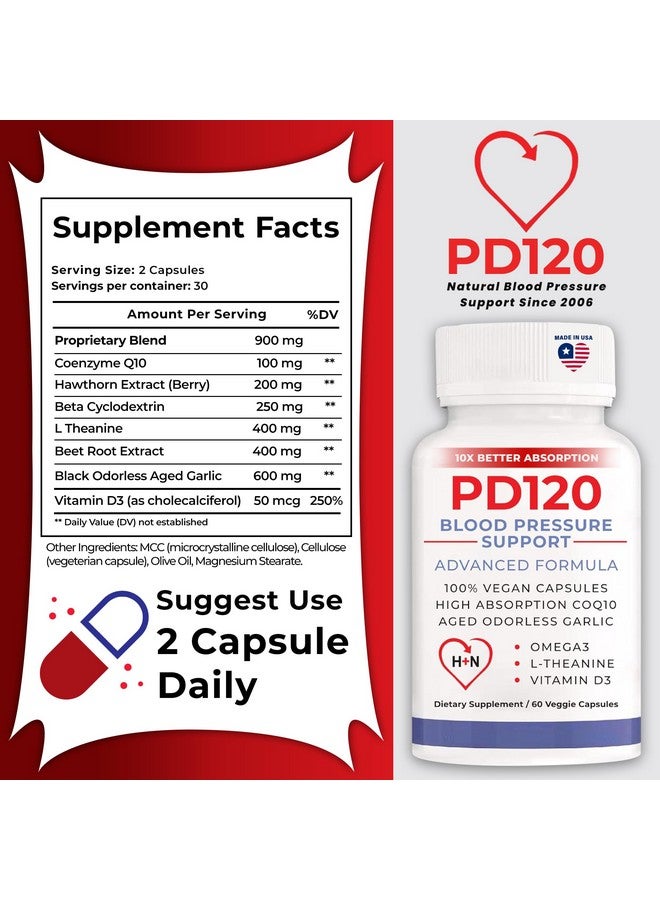 PD120 Blood Pressure Supplement to Help Reduce High Blood Pressure Naturally, CoQ10, Nitric Oxide, Black Odorless Aged Garlic, Omega 3, L-Theanine, Vitamin D3 for Blood Pressure Support - Image 2