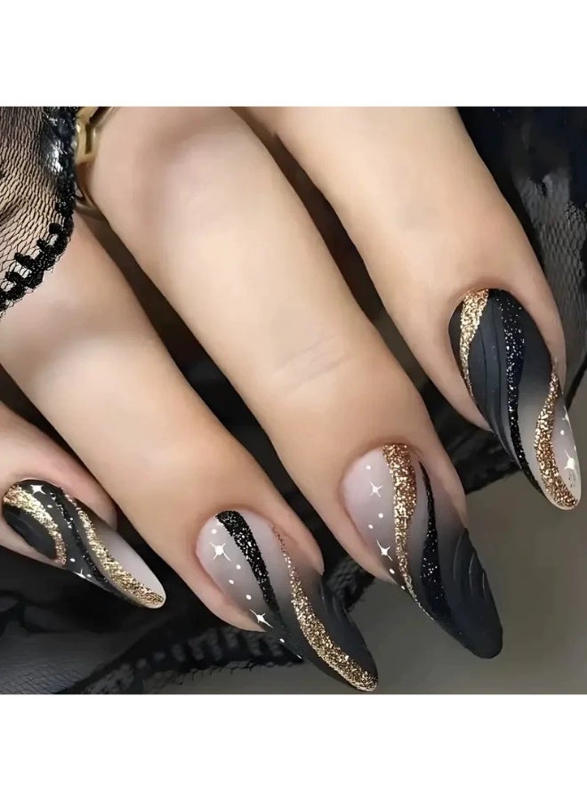 Goolsky Premium Long Stiletto Press-on Nails with Black & Gold Glitter Lines for Luxurious Dark Glam