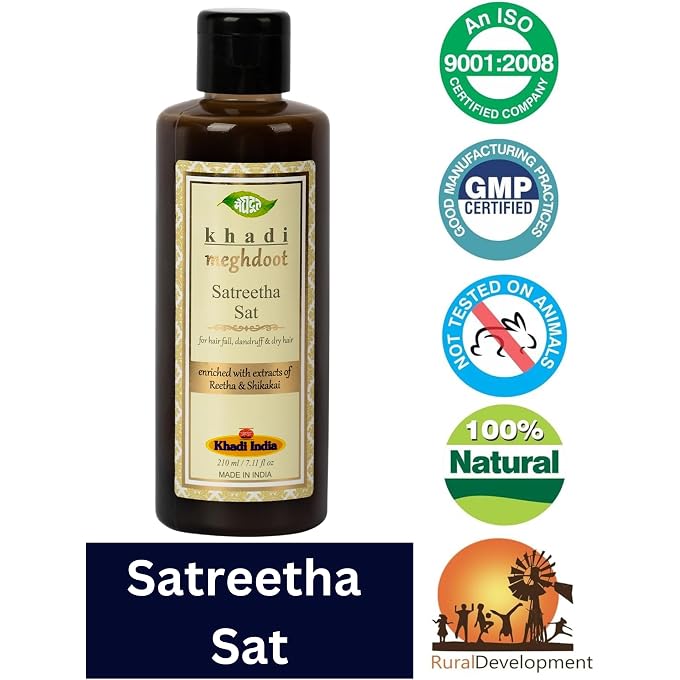 Meghdoot Khadi Meghdoot Ayurvedic Satreetha Shampoo Enriched With Extracts of Amla, Reetha and Bhringraj for Hair fall Control, Dandruff Control, Scalp Acne, 210ml Each, Pack of 2 - Image 3