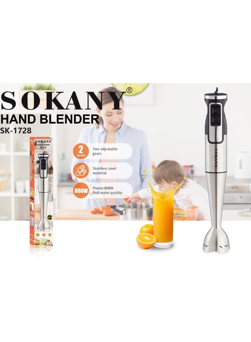sokany Sokany SK-1728 Stainless Steel Hand Blender with Ice Crushing Blades, Silver 800 Watts 2 Speeds with Multi-Purpose Stainless Steel Blades for Cooking Helps in Preparing Smoothies and Cooking