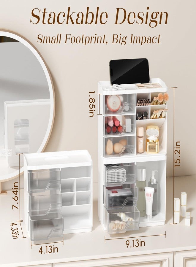 FullMeet Small Makeup Organizer with Drawers, Stackable Bathroom Couneter Organizer with Phone Holder, Versatile Vanity Organizer Countertop, Cosmetic Organizer for Makeup Brush, Skin Care, Lotion -White,2Pack - Image 4