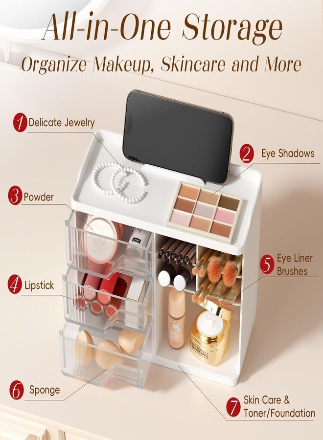 FullMeet Small Makeup Organizer with Drawers, Stackable Bathroom Couneter Organizer with Phone Holder, Versatile Vanity Organizer Countertop, Cosmetic Organizer for Makeup Brush, Skin Care, Lotion -White,2Pack - Image 2