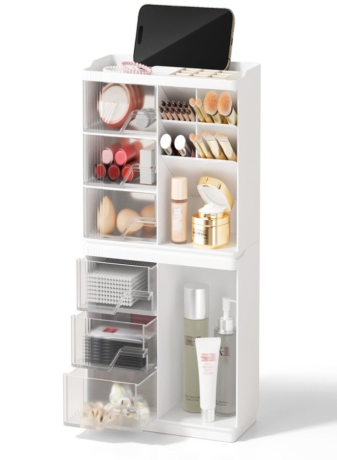 FullMeet Small Makeup Organizer with Drawers, Stackable Bathroom Couneter Organizer with Phone Holder, Versatile Vanity Organizer Countertop, Cosmetic Organizer for Makeup Brush, Skin Care, Lotion -White,2Pack - Image 1