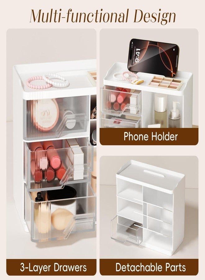 FullMeet Small Makeup Organizer with Drawers, Stackable Bathroom Couneter Organizer with Phone Holder, Versatile Vanity Organizer Countertop, Cosmetic Organizer for Makeup Brush, Skin Care, Lotion -White,2Pack - Image 5