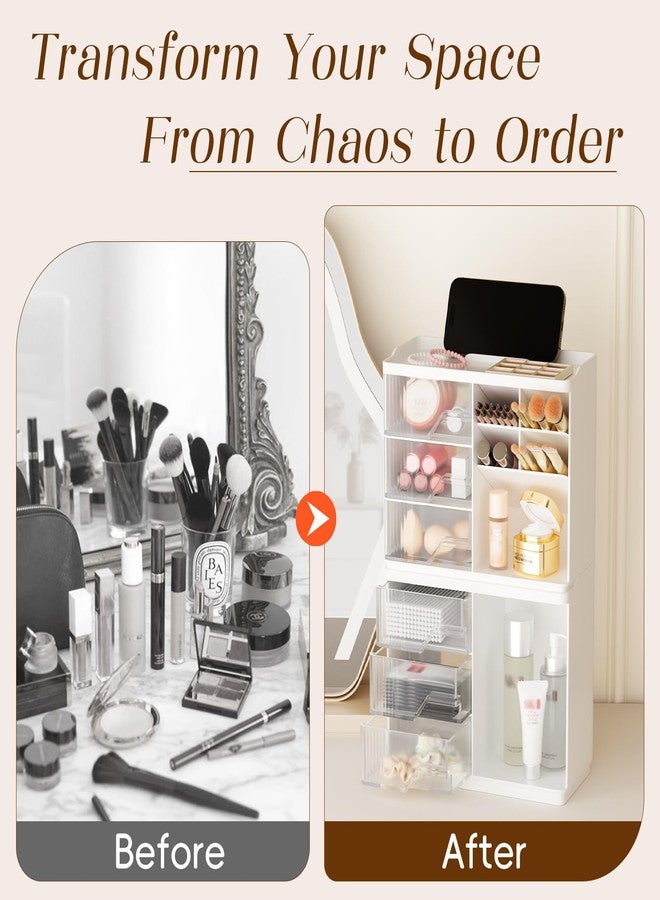 FullMeet Small Makeup Organizer with Drawers, Stackable Bathroom Couneter Organizer with Phone Holder, Versatile Vanity Organizer Countertop, Cosmetic Organizer for Makeup Brush, Skin Care, Lotion -White,2Pack - Image 3
