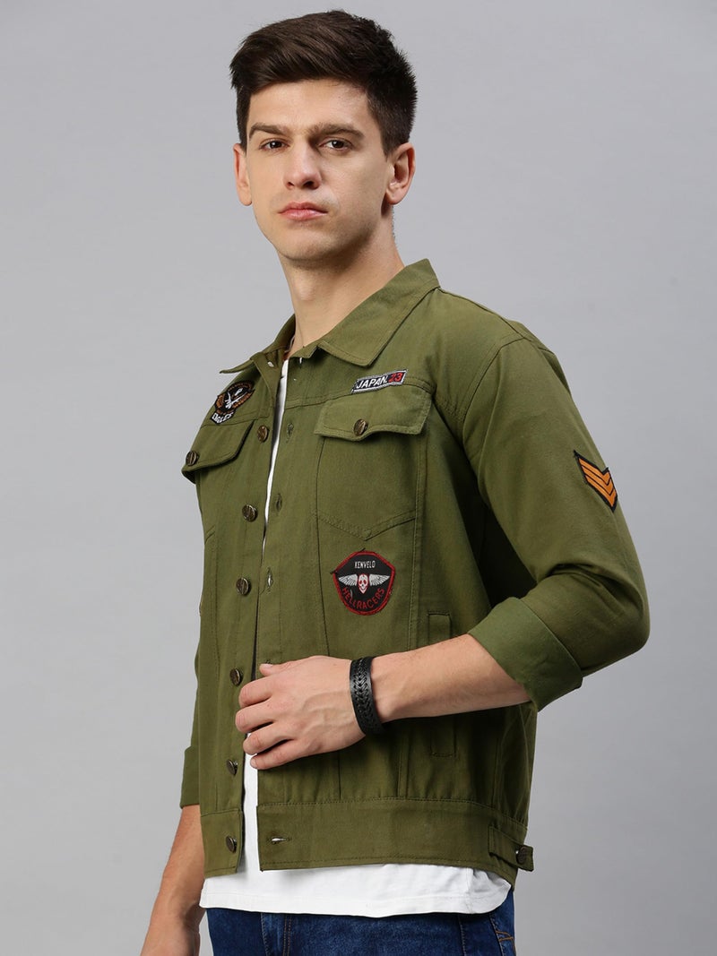VOGATI Men's Denim Jacket kjt330vog-s_Olive_S - Image 4