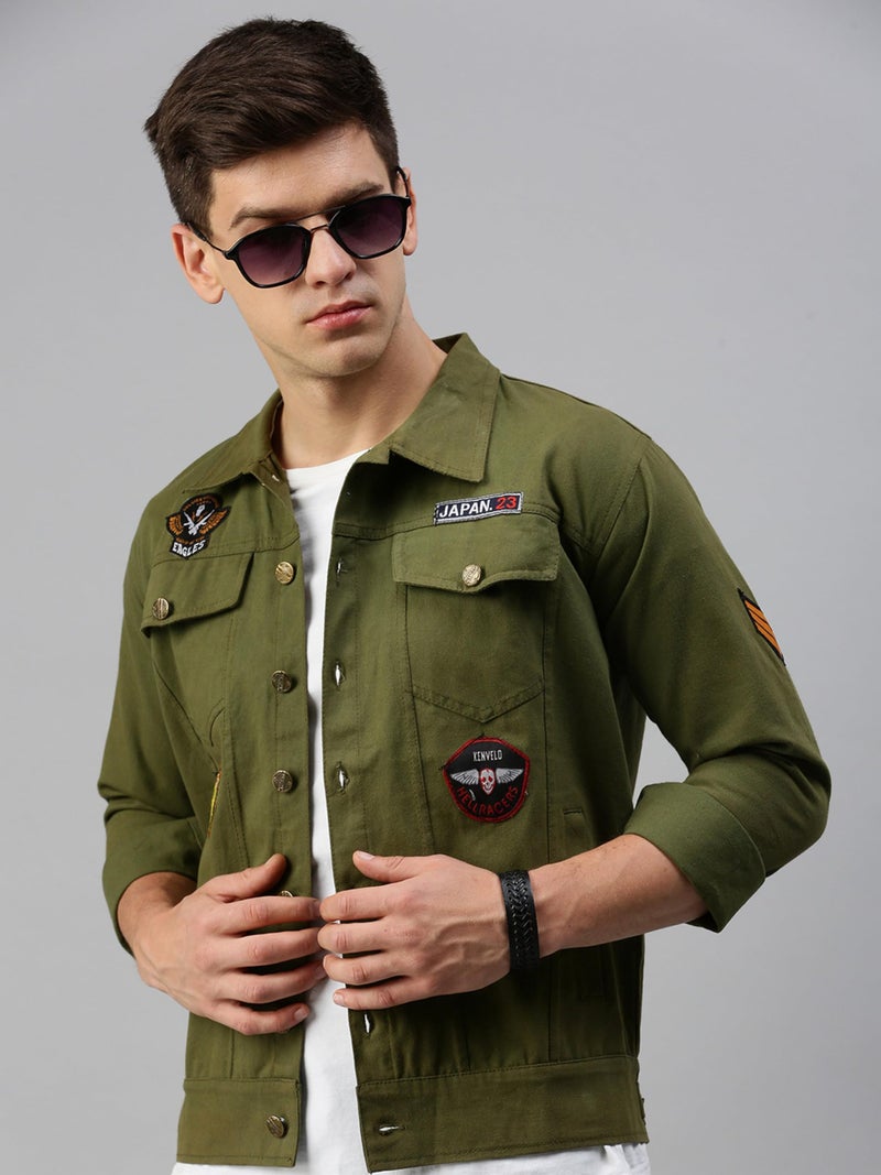 VOGATI Men's Denim Jacket kjt330vog-s_Olive_S - Image 3