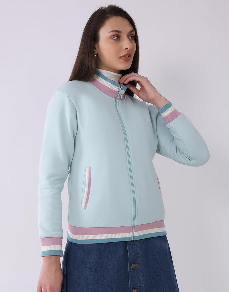 Monte Carlo Women’s Regular Fit Sweatshirt | Solid Pattern | Mock Neck | Full Sleeves | Zip Closure | Stylish Warm Winter Wear Sweatshirt for Women Blue XL (Pack of 1) - Image 3
