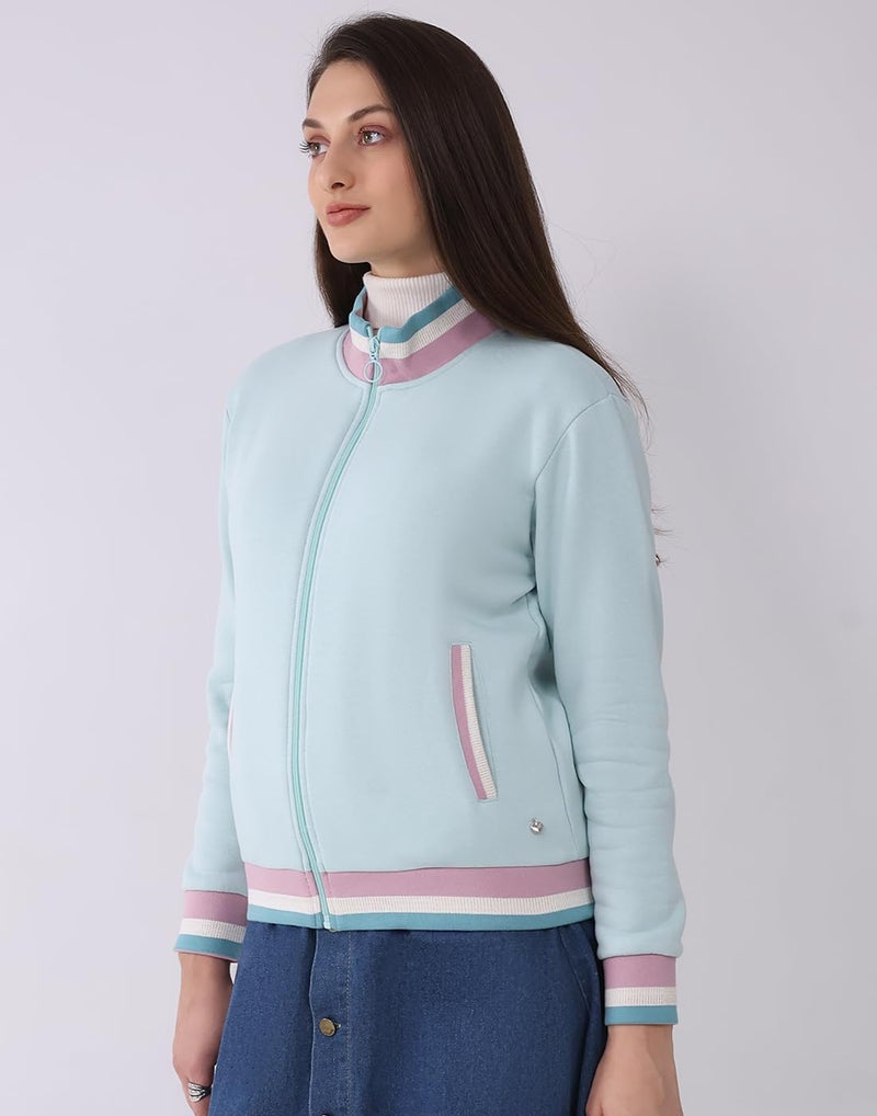 Monte Carlo Women’s Regular Fit Sweatshirt | Solid Pattern | Mock Neck | Full Sleeves | Zip Closure | Stylish Warm Winter Wear Sweatshirt for Women Blue XL (Pack of 1) - Image 2