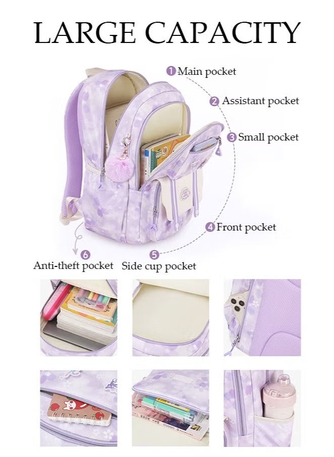 lebonaer Kids School Backpack, Large Capacity Backpack for Girls, Lightweight Schoolbag for Teen Girls Bookbag with Compartments Reflective Strip, Watrer Resistant Bookbag for Elementary Primary School - Image 4